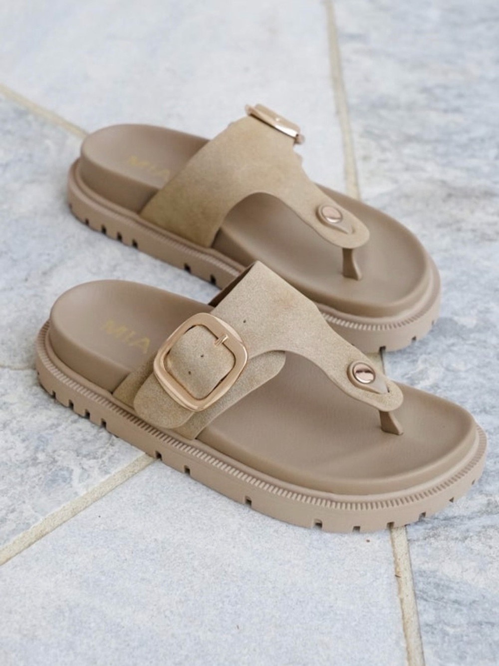 MIA Vegan Suede Buckle Thong Sandal